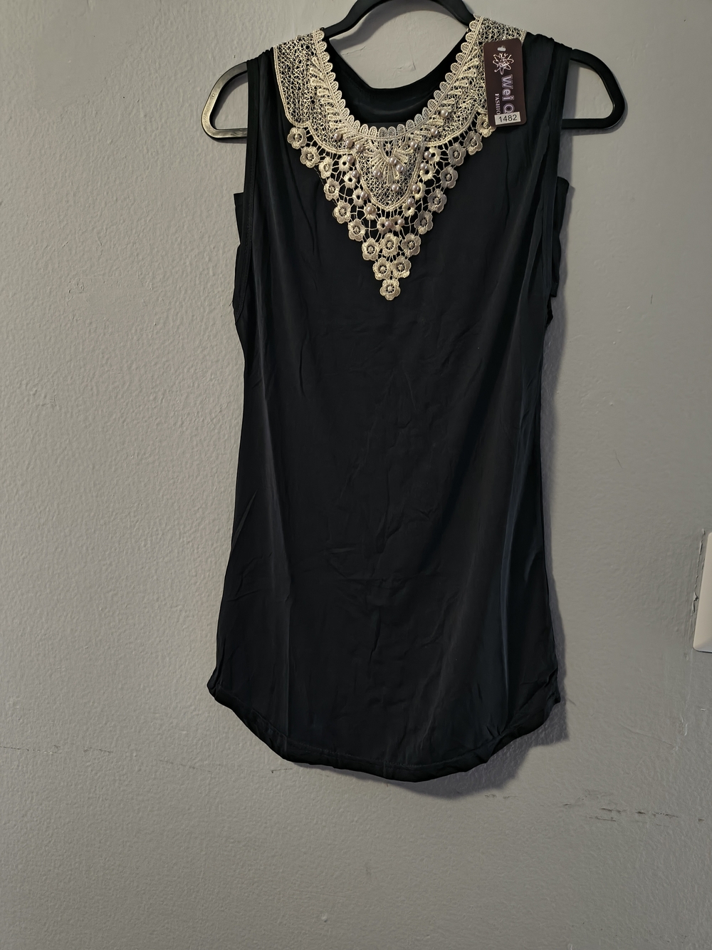 Sleeveless Black Top with Gold Lace Collar